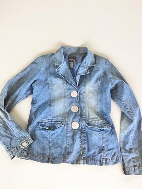 Y2K Denim Look Blazer Jacket Women's Large Blue Stretch Button Front